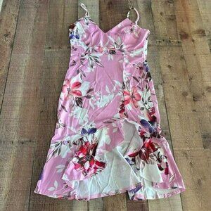 Chicme sleeveless low neck pink and white floral high low midi dress size m